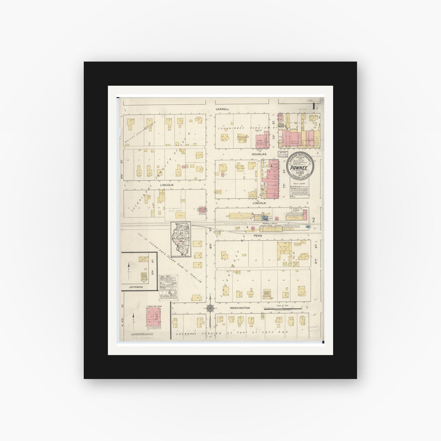 Old map wall art mockup — black gallery frame with white mat — Sanborn Fire Insurance Map from Pawnee, Sangamon County, Illinois (1917) - Complete Map Set