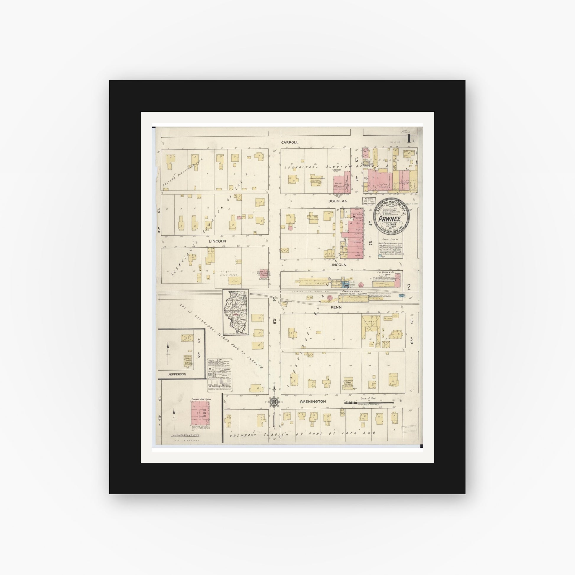 Old map wall art mockup — black gallery frame with white mat — Sanborn Fire Insurance Map from Pawnee, Sangamon County, Illinois (1917) - Complete Map Set