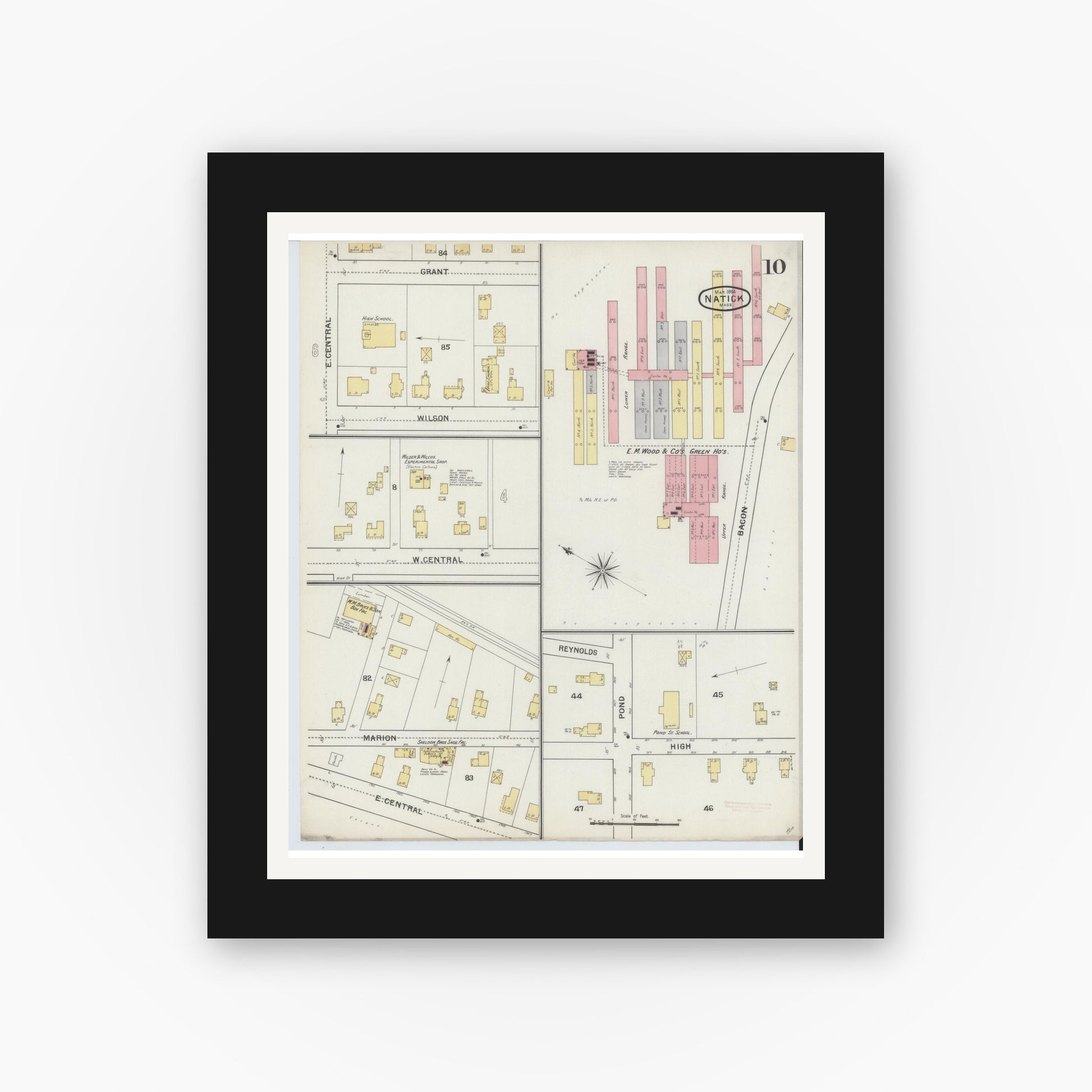 Old map wall art mockup — black gallery frame with white mat — Sanborn Fire Insurance Map from Natick, Middlesex County, Massachusetts (1894), Sheet #0010