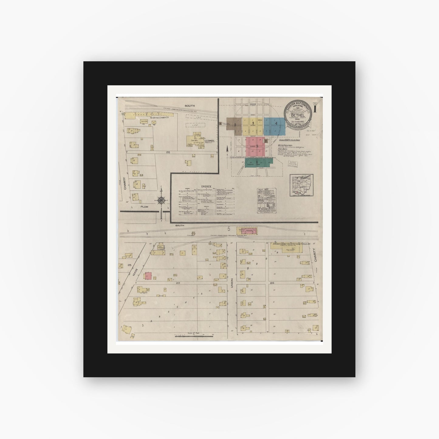 Old map wall art mockup — black gallery frame with white mat — Sanborn Fire Insurance Map from Bethel, Clermont County, Ohio (1922), Sheet #0001
