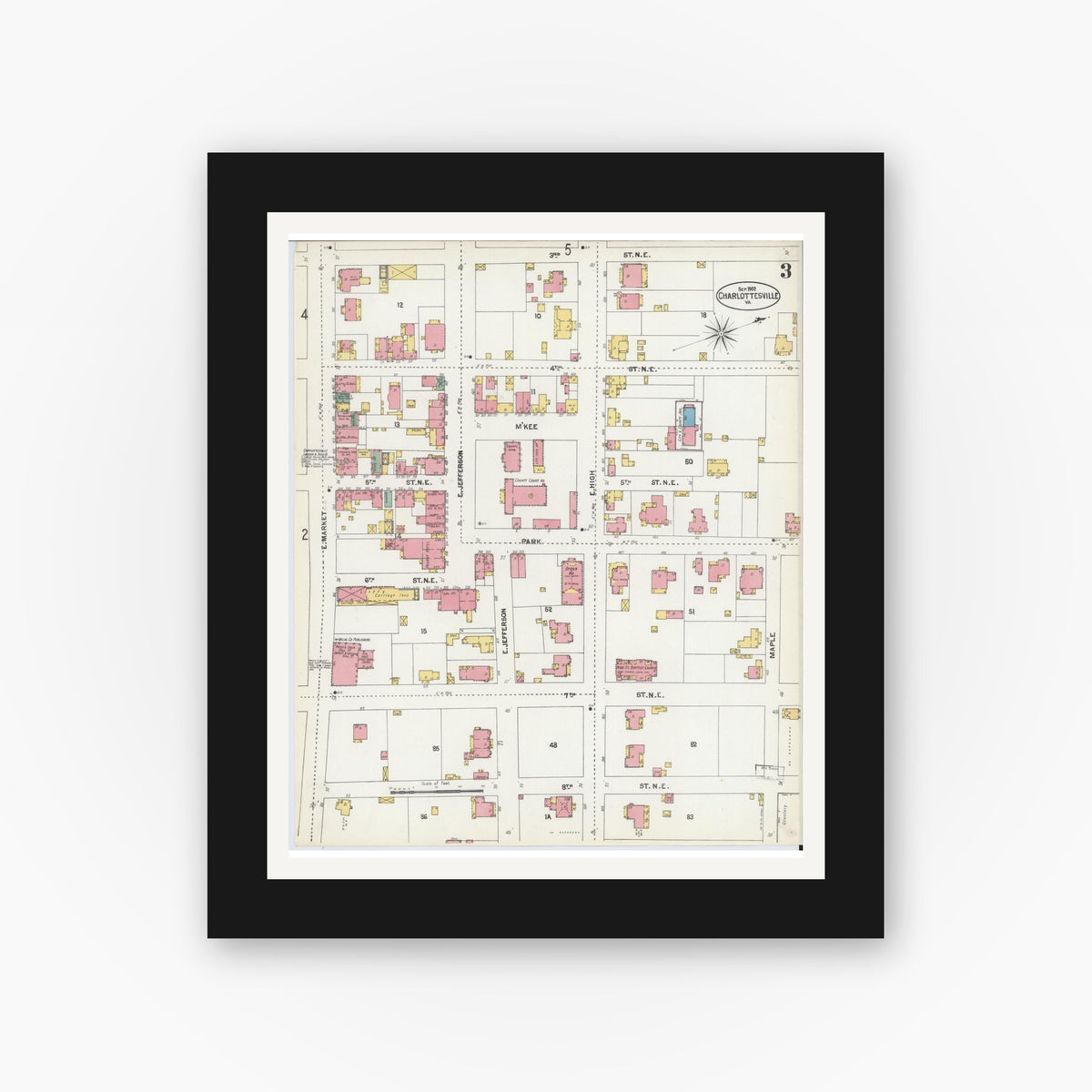Old map wall art mockup — black gallery frame with white mat — Sanborn Fire Insurance Map from Charlottesville, Independent Cities, Virginia (1902), Sheet #0003
