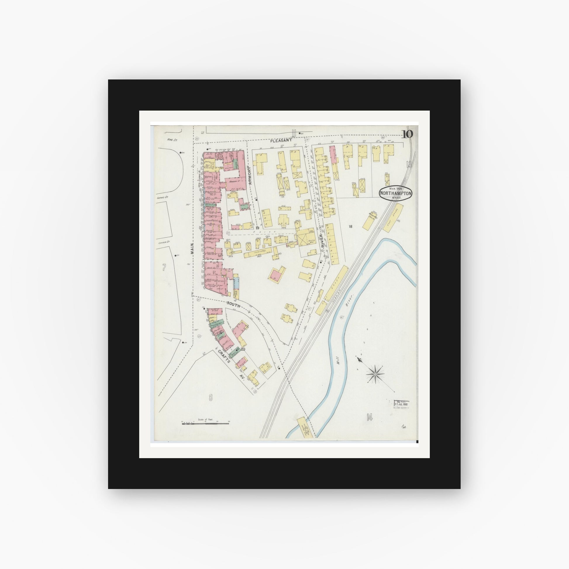 Old map wall art mockup — black gallery frame with white mat — Sanborn Fire Insurance Map from Northampton, Hampshire County, Massachusetts (1895), Sheet #0010
