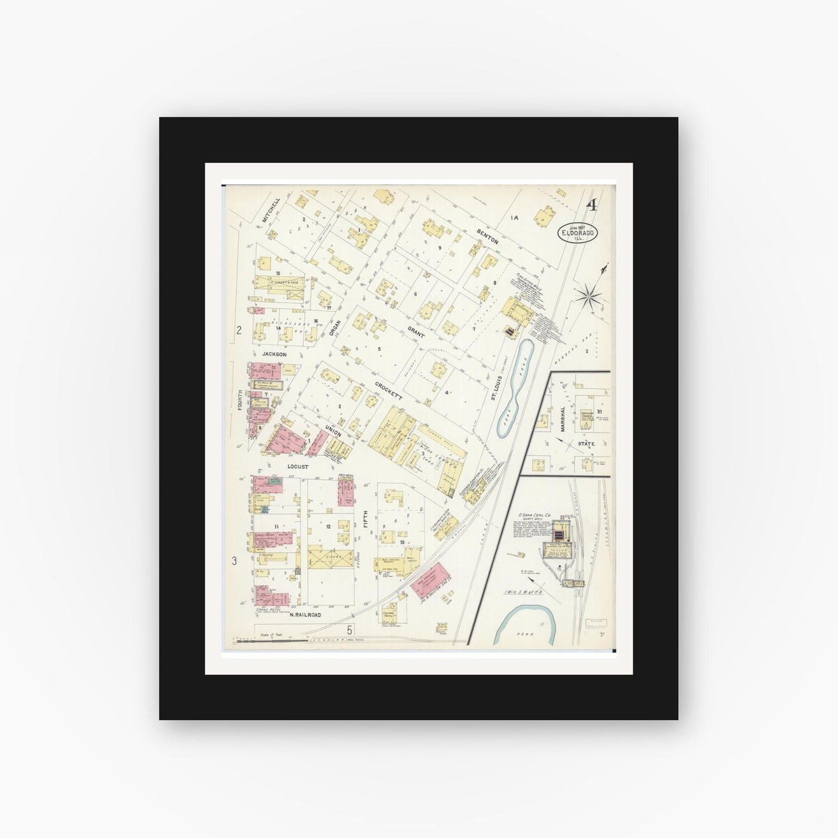 Old map wall art mockup — black gallery frame with white mat — Sanborn Fire Insurance Map from Eldorado, Saline County, Illinois (1907), Sheet #0004