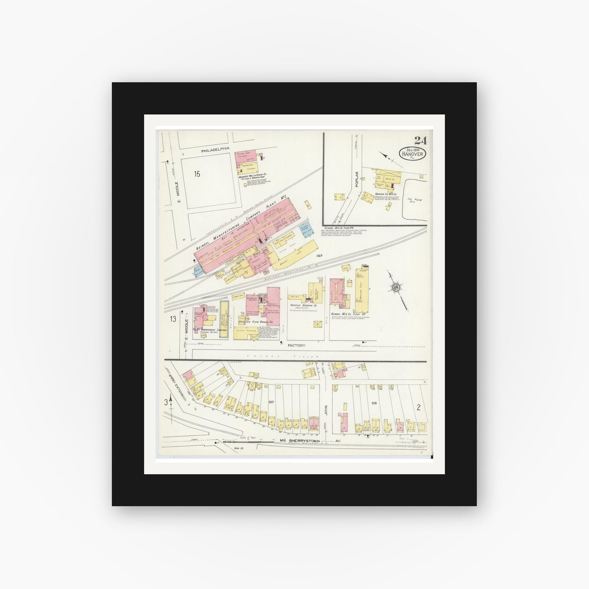Old map wall art mockup — black gallery frame with white mat — Sanborn Fire Insurance Map from Hanover, York County, Pennsylvania (1909), Sheet #0024