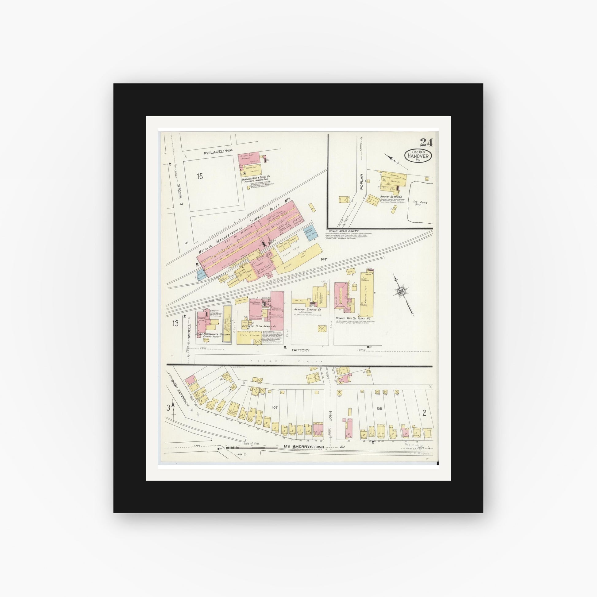 Old map wall art mockup — black gallery frame with white mat — Sanborn Fire Insurance Map from Hanover, York County, Pennsylvania (1909), Sheet #0024