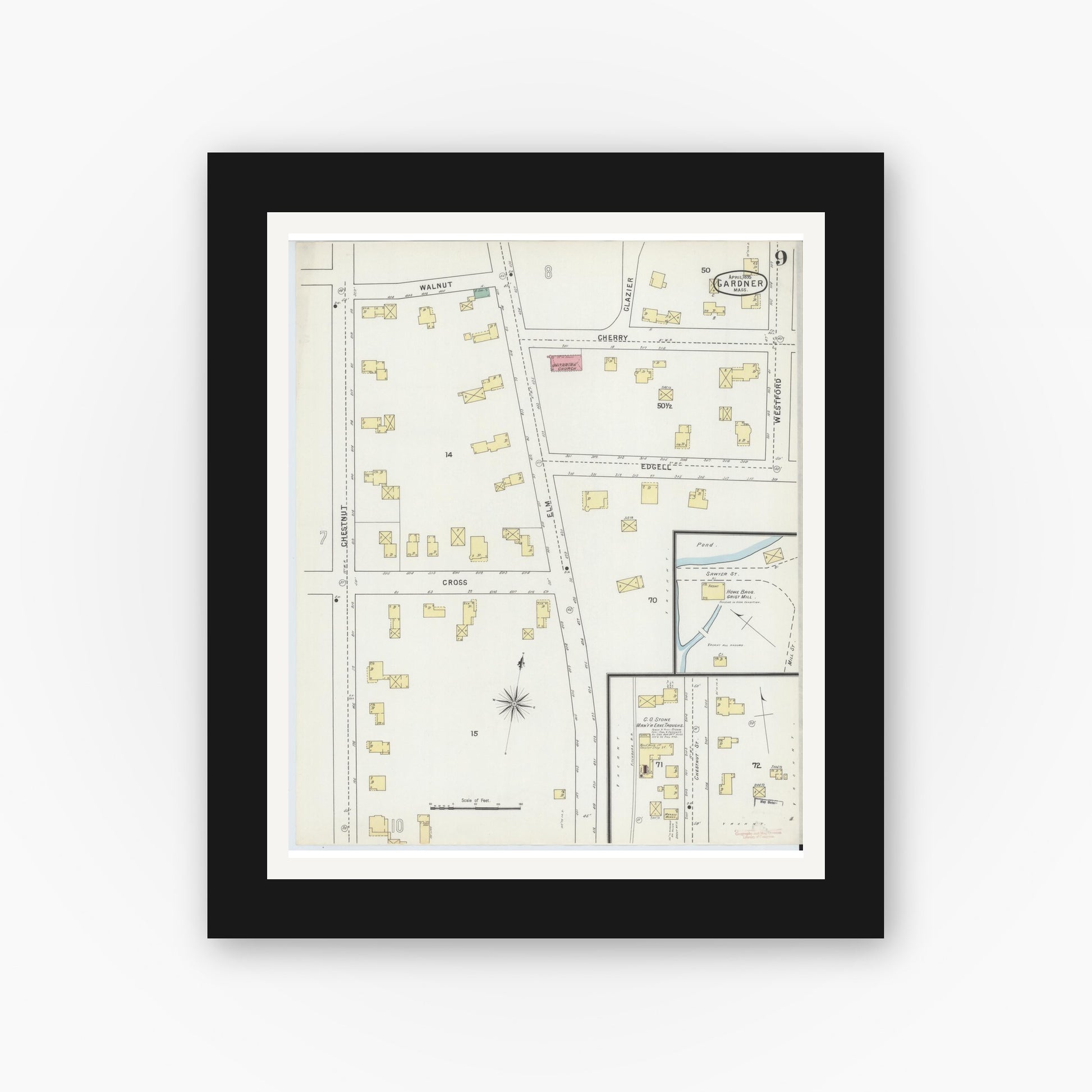 Old map wall art mockup — black gallery frame with white mat — Sanborn Fire Insurance Map from Gardner, Worcester County, Massachusetts (1895), Sheet #0009