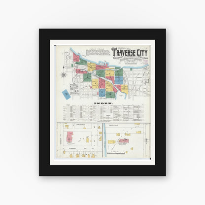 Old map wall art mockup — black gallery frame with white mat — Sanborn Fire Insurance Map from Traverse City, Grand Traverse County, Michigan (1904), Sheet #0001