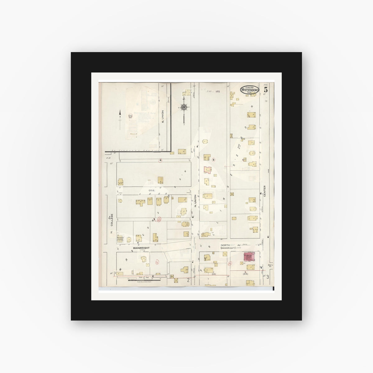 Old map wall art mockup — black gallery frame with white mat — Sanborn Fire Insurance Map from Whitesboro, Grayson County, Texas (1943), Sheet #0005
