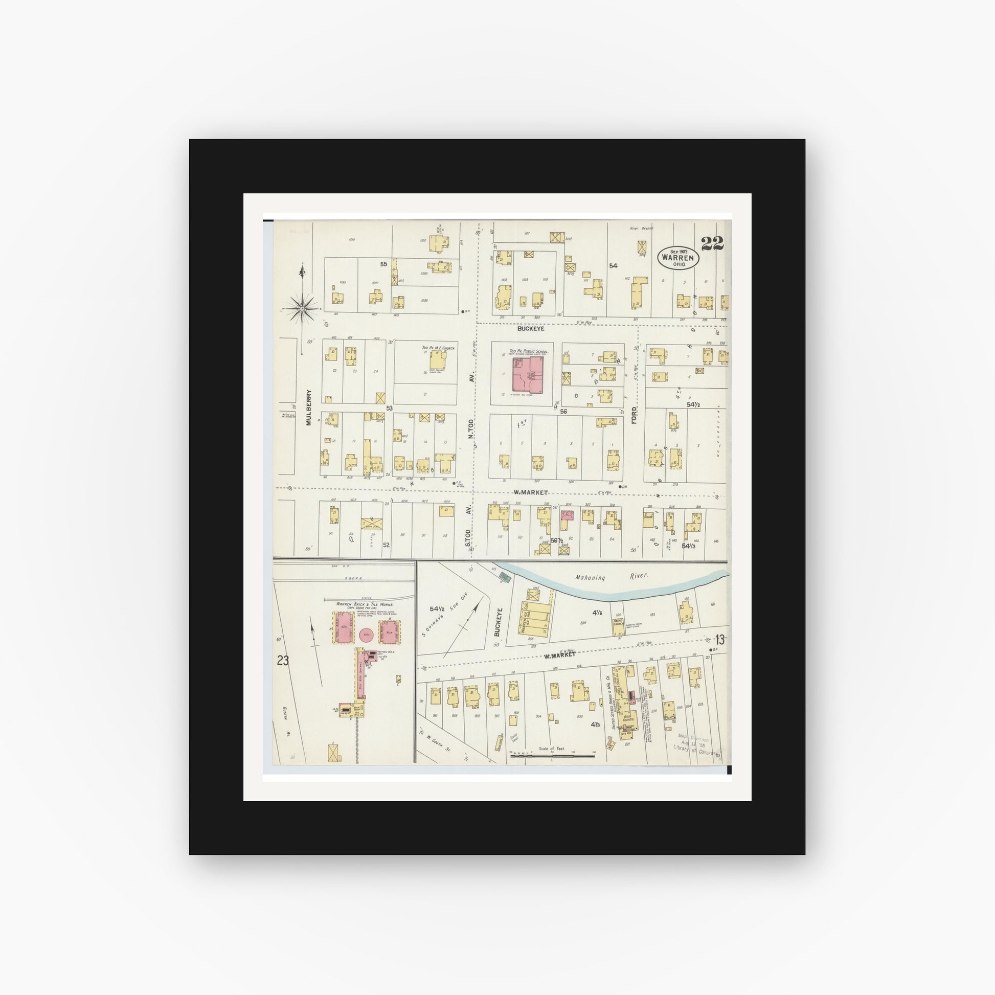 Old map wall art mockup — black gallery frame with white mat — Sanborn Fire Insurance Map from Warren, Trumbull County, Ohio (1902), Sheet #0022