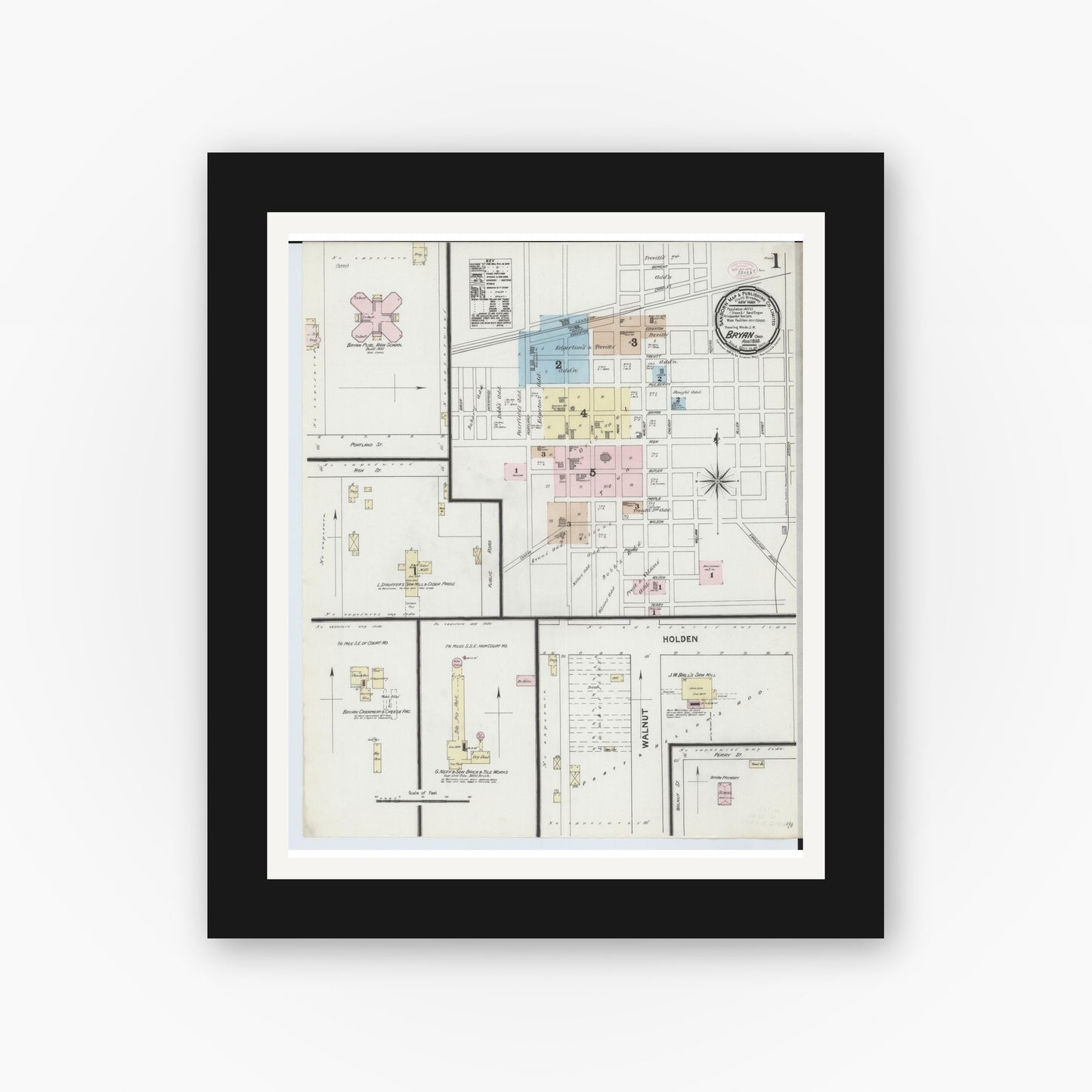 Old map wall art mockup — black gallery frame with white mat — Sanborn Fire Insurance Map from Bryan, Williams County, Ohio (1888), Sheet #0001