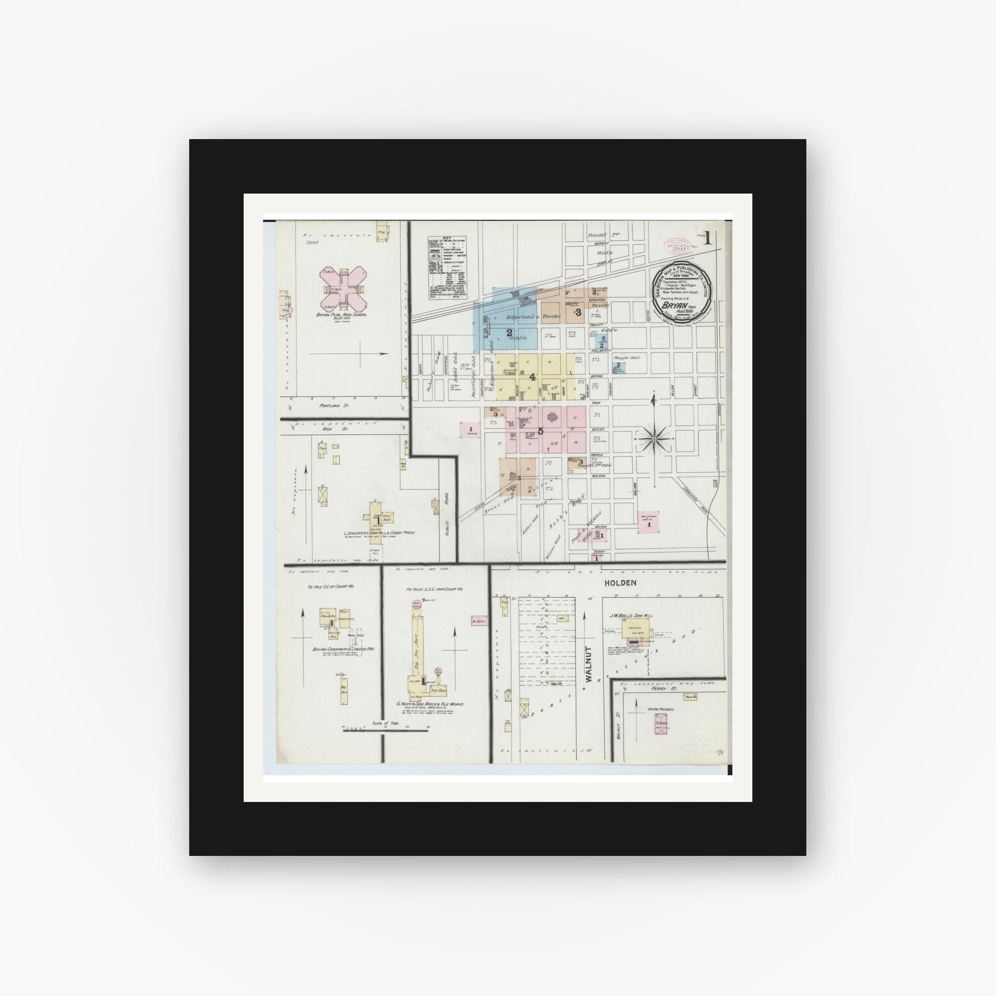 Old map wall art mockup — black gallery frame with white mat — Sanborn Fire Insurance Map from Bryan, Williams County, Ohio (1888), Sheet #0001