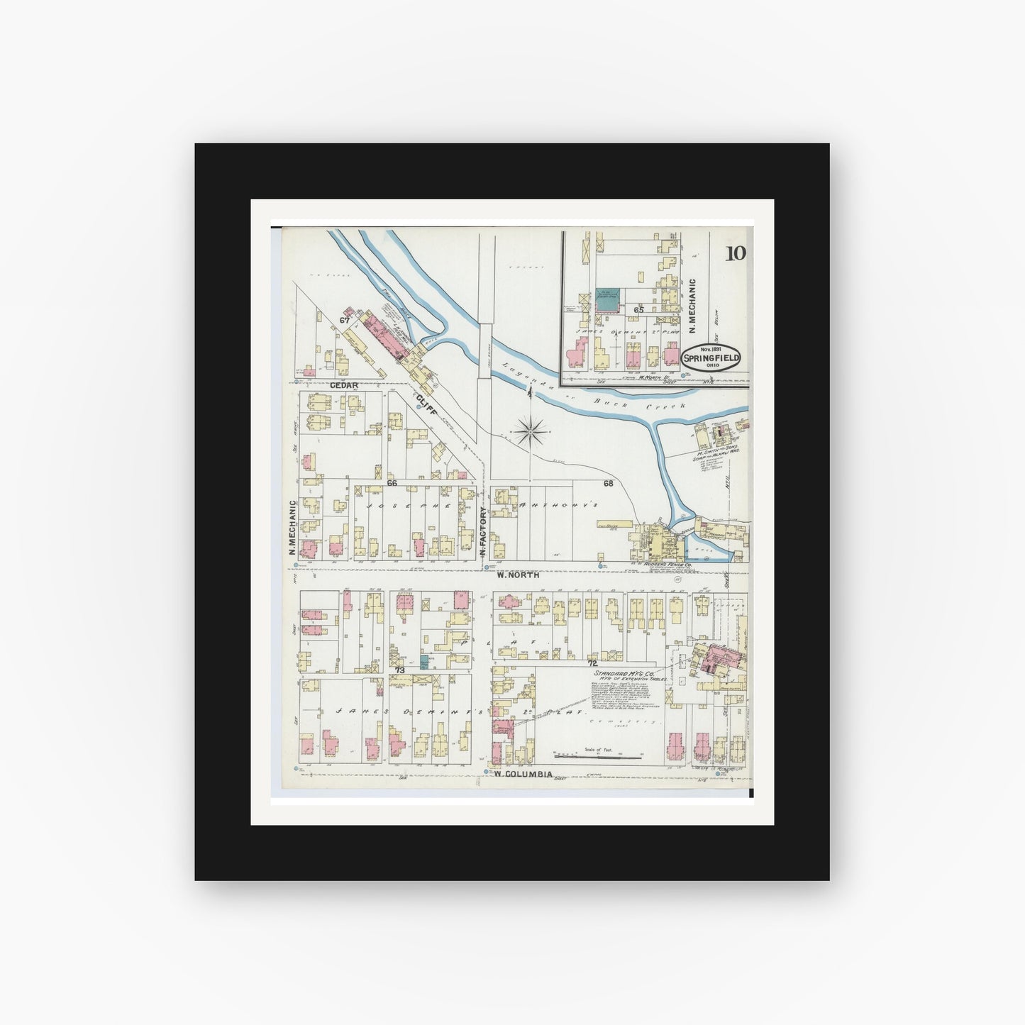Old map wall art mockup — black gallery frame with white mat — Sanborn Fire Insurance Map from Springfield, Clark County, Ohio (1891), Sheet #0010