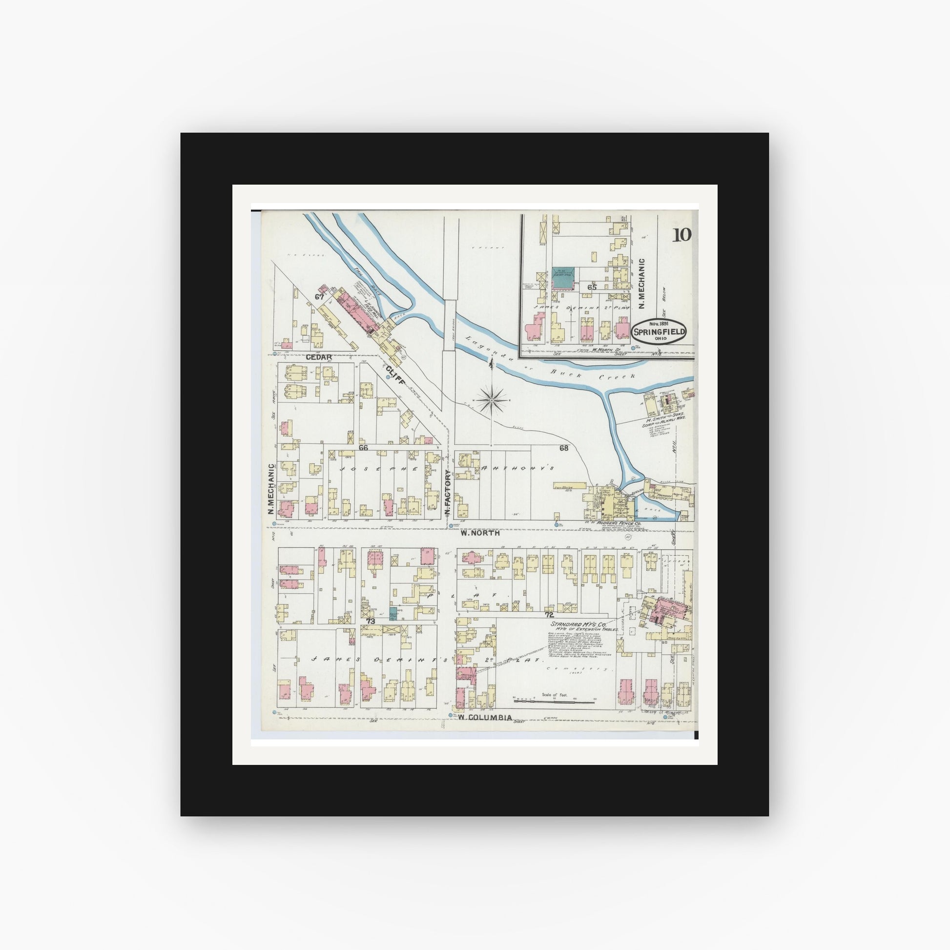 Old map wall art mockup — black gallery frame with white mat — Sanborn Fire Insurance Map from Springfield, Clark County, Ohio (1891), Sheet #0010