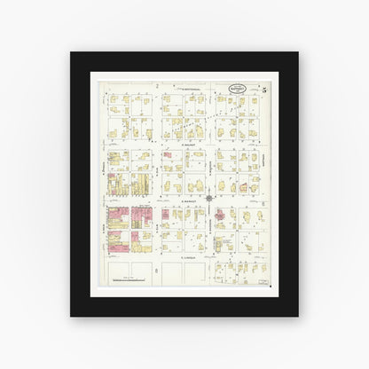 Old map wall art mockup — black gallery frame with white mat — Sanborn Fire Insurance Map from Nappanee, Elkhart County, Indiana (1910), Sheet #0005