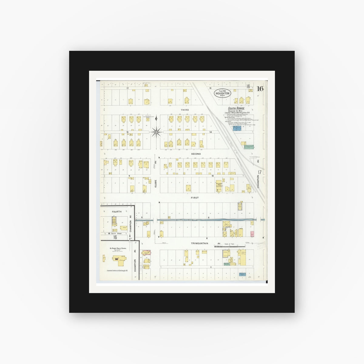 Old map wall art mockup — black gallery frame with white mat — Sanborn Fire Insurance Map from Houghton, Houghton County, Michigan (1908), Sheet #0016