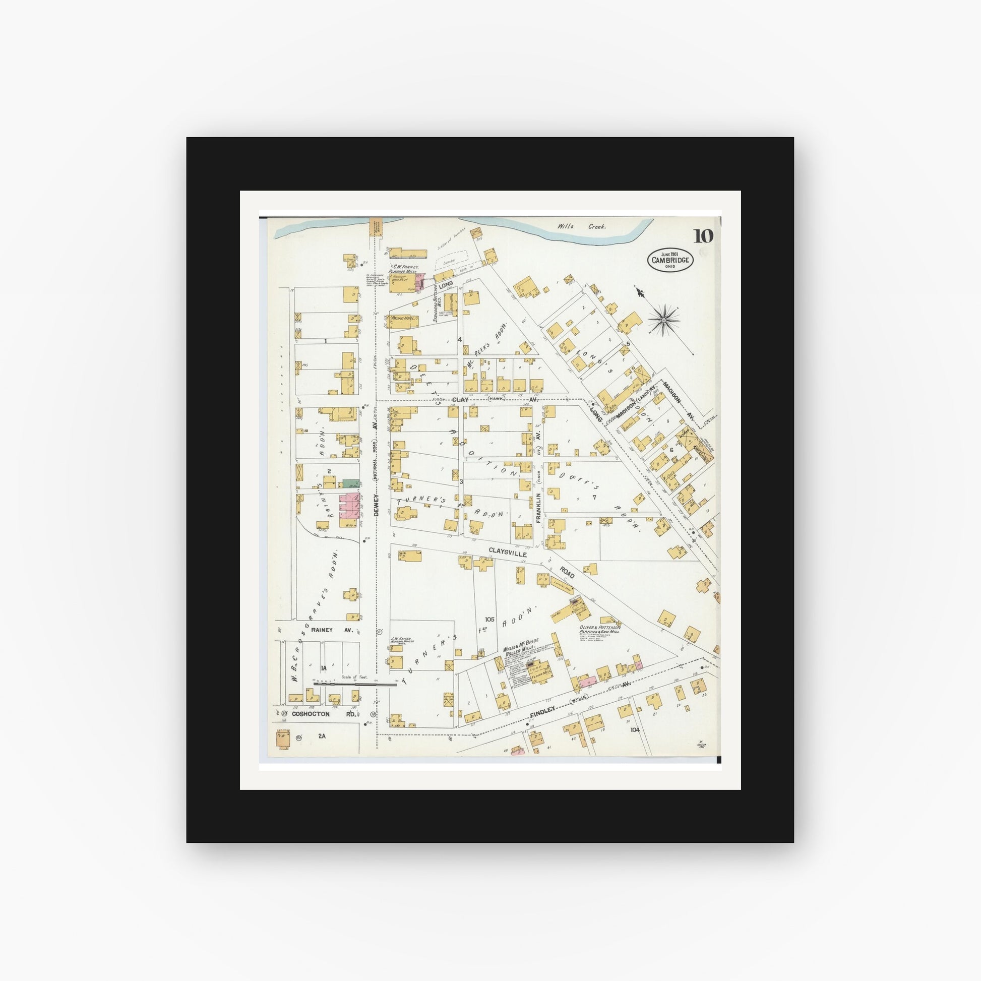 Old map wall art mockup — black gallery frame with white mat — Sanborn Fire Insurance Map from Cambridge, Guernsey County, Ohio (1901), Sheet #0010
