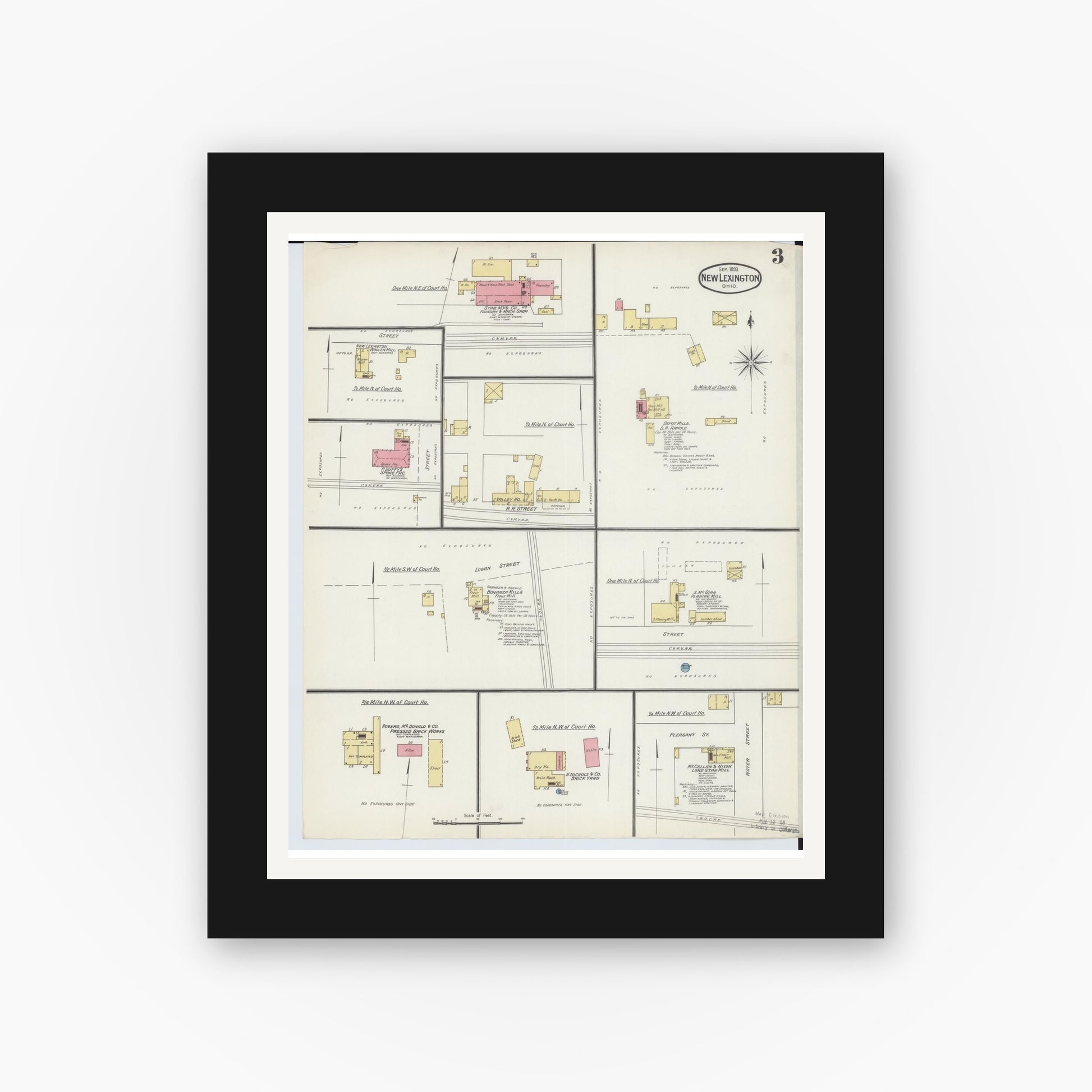 Old map wall art mockup — black gallery frame with white mat — Sanborn Fire Insurance Map from New Lexington, Perry County, Ohio (1893), Sheet #0003