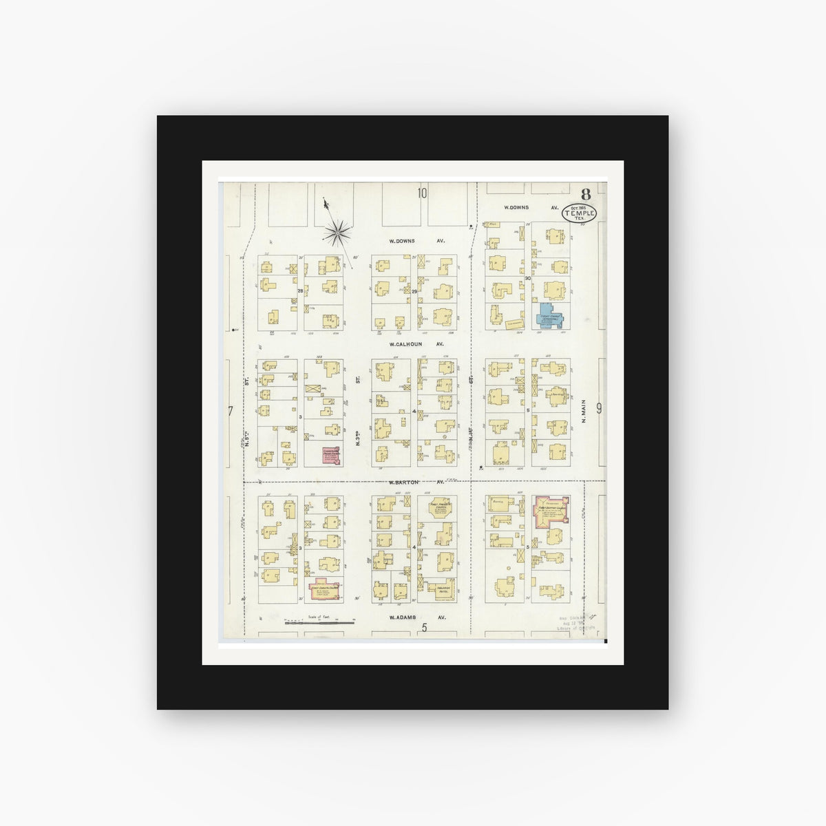 Old map wall art mockup — black gallery frame with white mat — Sanborn Fire Insurance Map from Temple, Bell County, Texas (1905), Sheet #0008