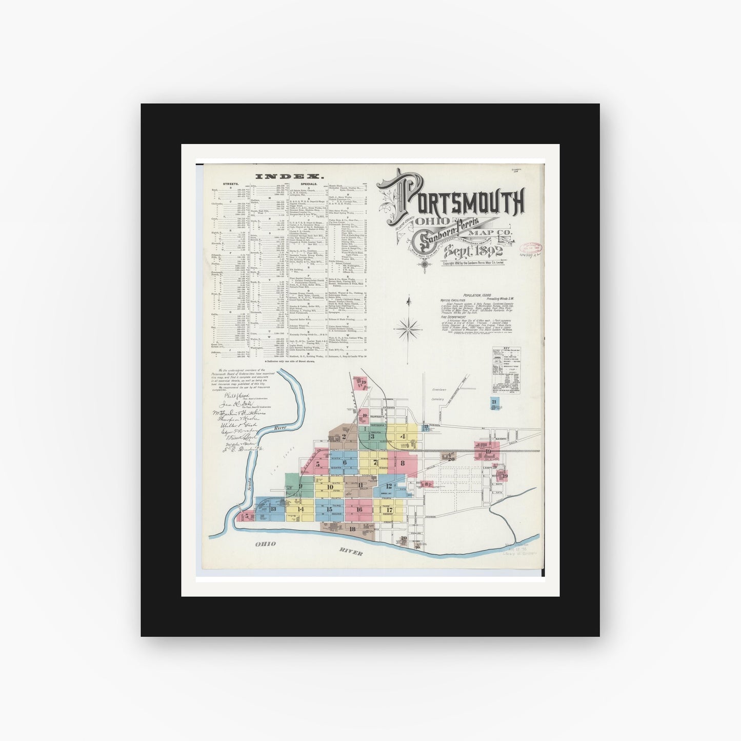 Old map wall art mockup — black gallery frame with white mat — Sanborn Fire Insurance Map from Portsmouth, Scioto County, Ohio (1892) - Complete Map Set
