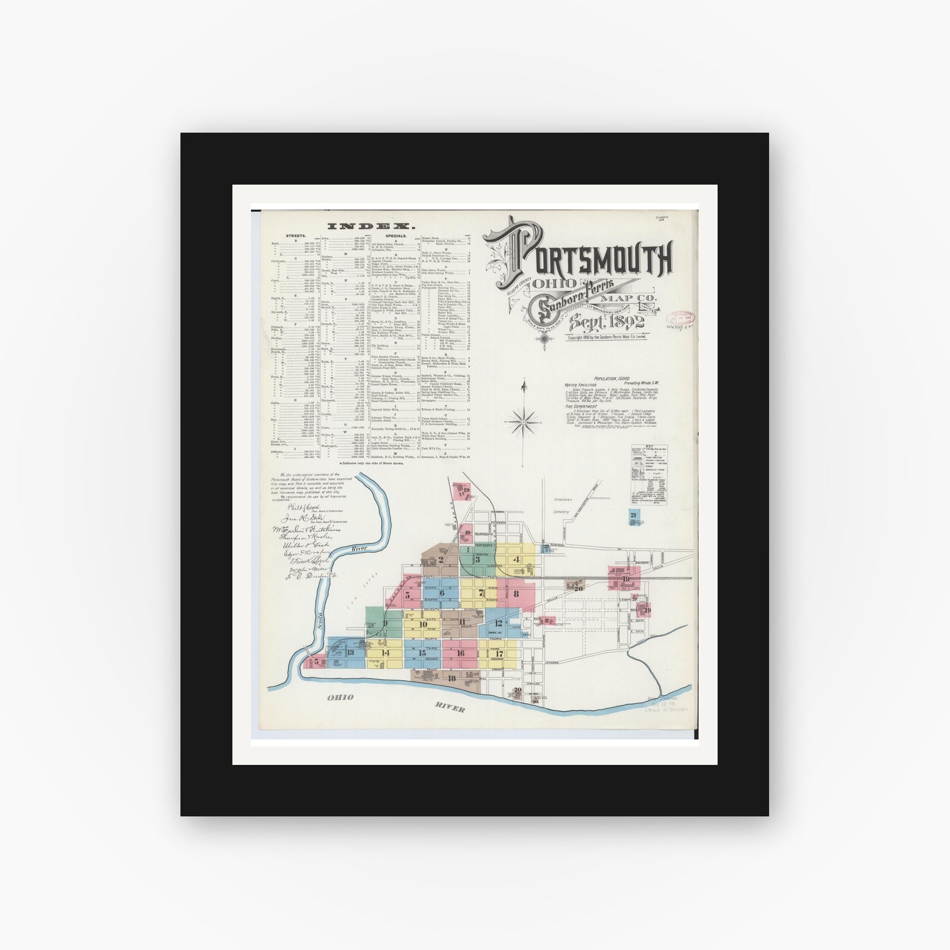 Old map wall art mockup — black gallery frame with white mat — Sanborn Fire Insurance Map from Portsmouth, Scioto County, Ohio (1892) - Complete Map Set