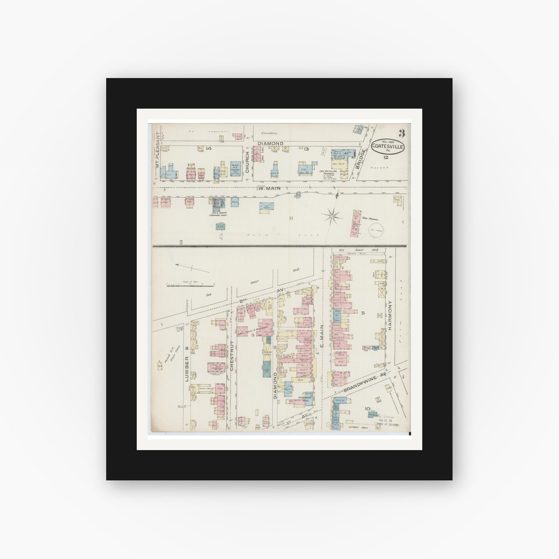 Old map wall art mockup — black gallery frame with white mat — Sanborn Fire Insurance Map from Coatesville, Chester County, Pennsylvania (1886), Sheet #0003