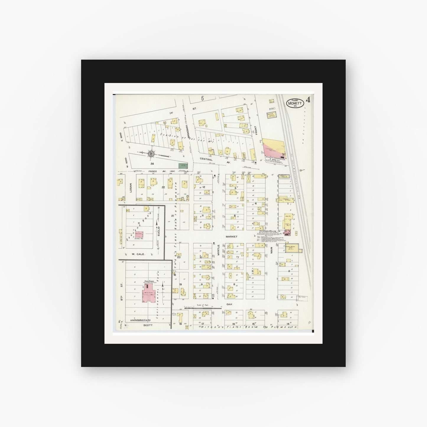 Old map wall art mockup — black gallery frame with white mat — Sanborn Fire Insurance Map from Monett, Barry County, Missouri (1910), Sheet #0004