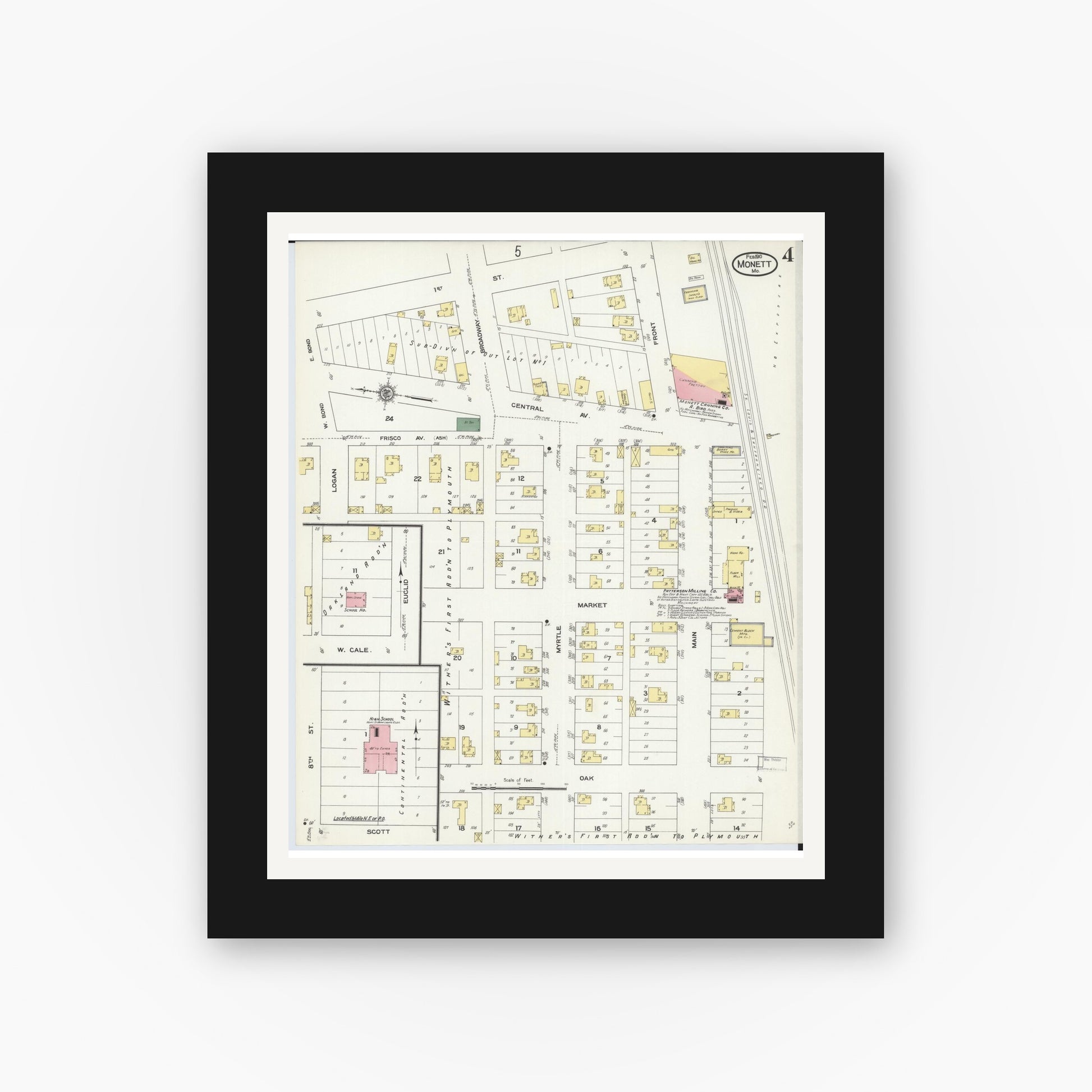 Old map wall art mockup — black gallery frame with white mat — Sanborn Fire Insurance Map from Monett, Barry County, Missouri (1910), Sheet #0004
