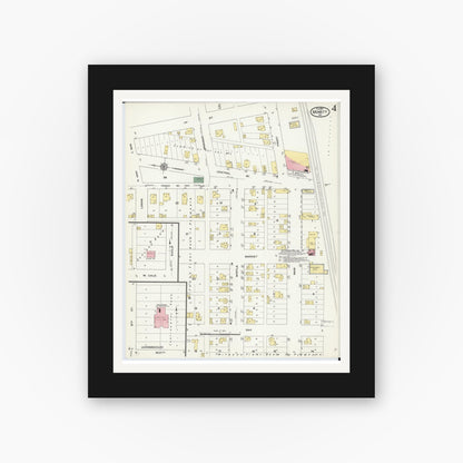 Old map wall art mockup — black gallery frame with white mat — Sanborn Fire Insurance Map from Monett, Barry County, Missouri (1910), Sheet #0004
