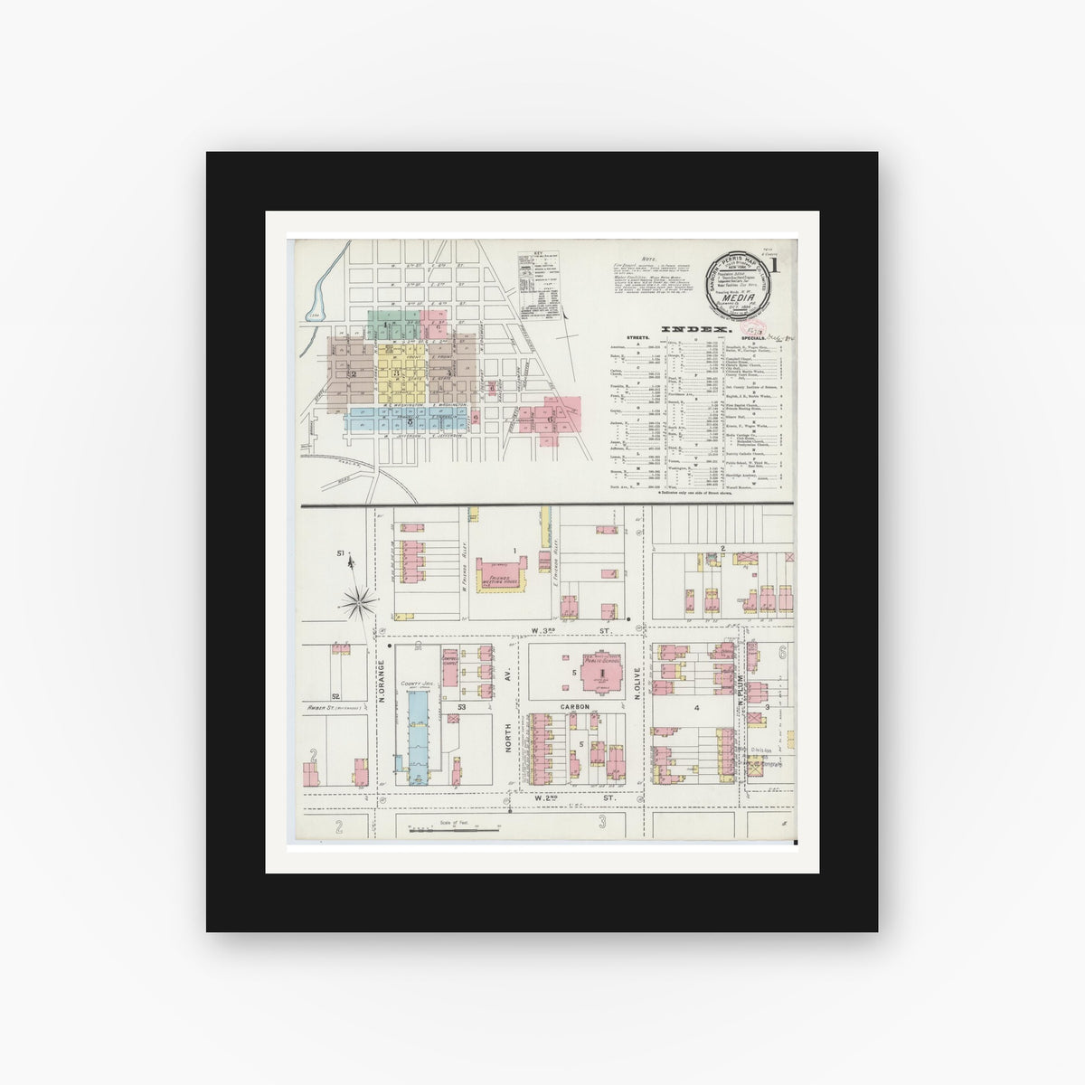 Old map wall art mockup — black gallery frame with white mat — Sanborn Fire Insurance Map from Media, Delaware County, Pennsylvania (1894) - Complete Map Set