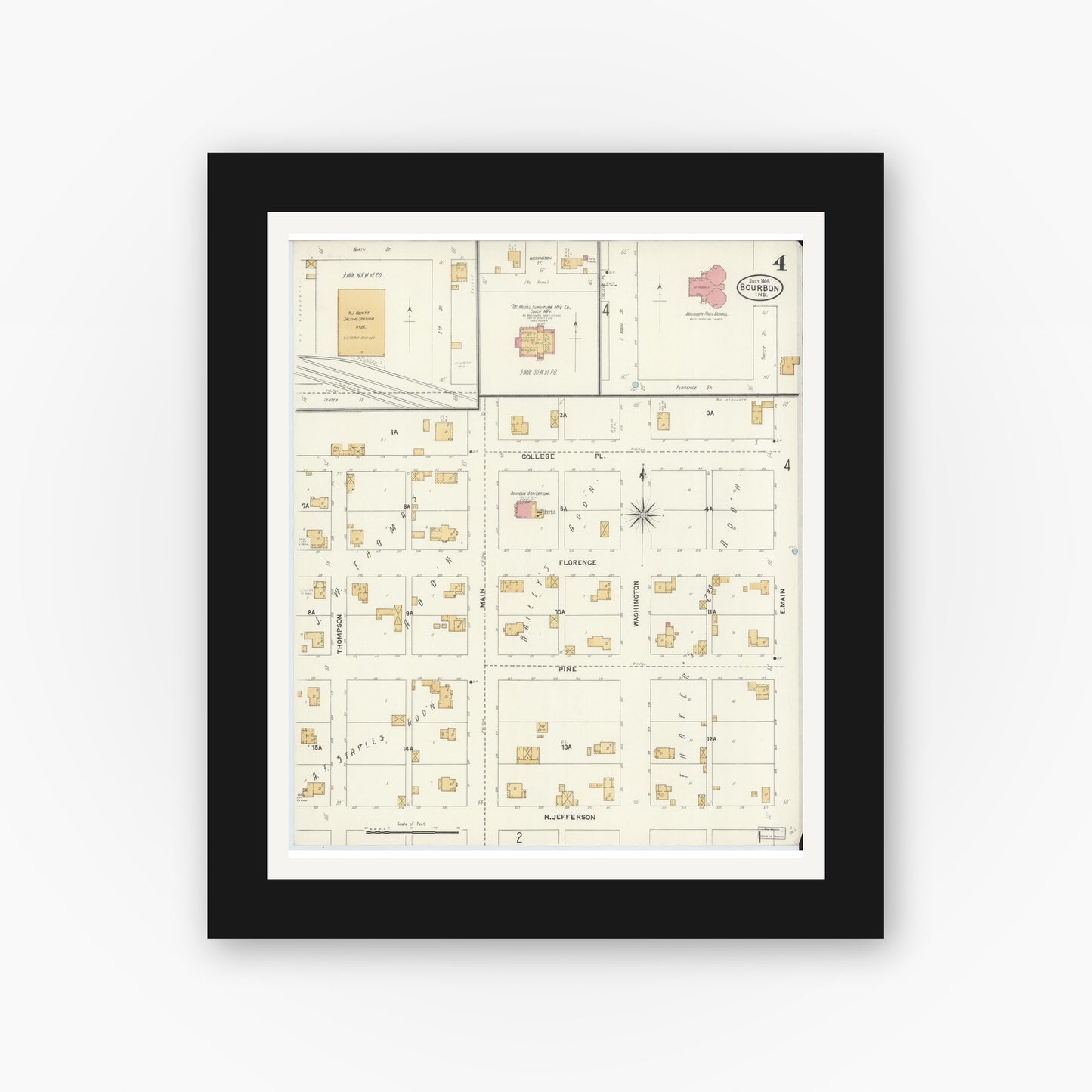 Old map wall art mockup — black gallery frame with white mat — Sanborn Fire Insurance Map from Bourbon, Marshall County, Indiana (1905), Sheet #0004