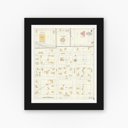 Old map wall art mockup — black gallery frame with white mat — Sanborn Fire Insurance Map from Bourbon, Marshall County, Indiana (1905), Sheet #0004