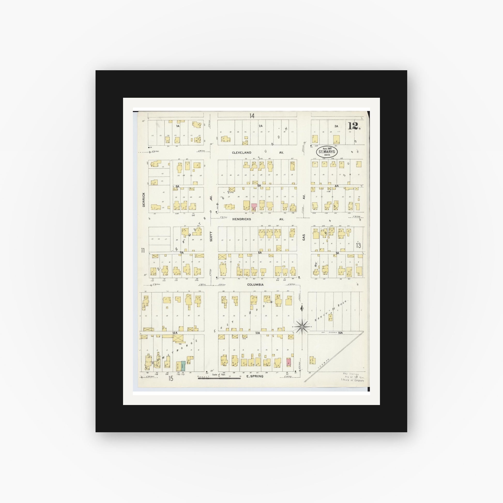 Old map wall art mockup — black gallery frame with white mat — Sanborn Fire Insurance Map from Saint Marys, Auglaize County, Ohio (1907), Sheet #0012