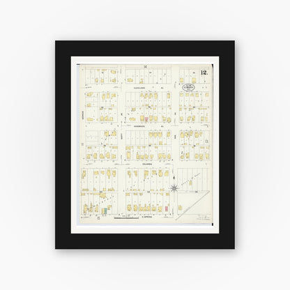 Old map wall art mockup — black gallery frame with white mat — Sanborn Fire Insurance Map from Saint Marys, Auglaize County, Ohio (1907), Sheet #0012