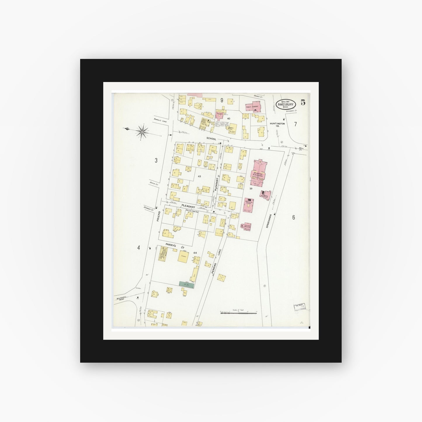 Old map wall art mockup — black gallery frame with white mat — Sanborn Fire Insurance Map from Amesbury, Essex County, Massachusetts (1909), Sheet #0005