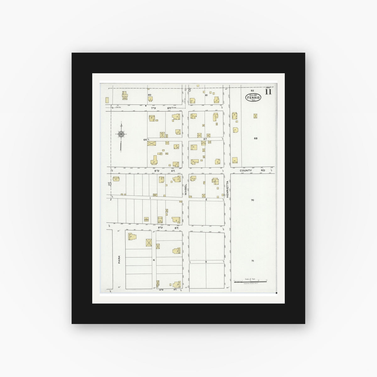 Old map wall art mockup — black gallery frame with white mat — Sanborn Fire Insurance Map from Ferris, Ellis County, Texas (1921), Sheet #0011
