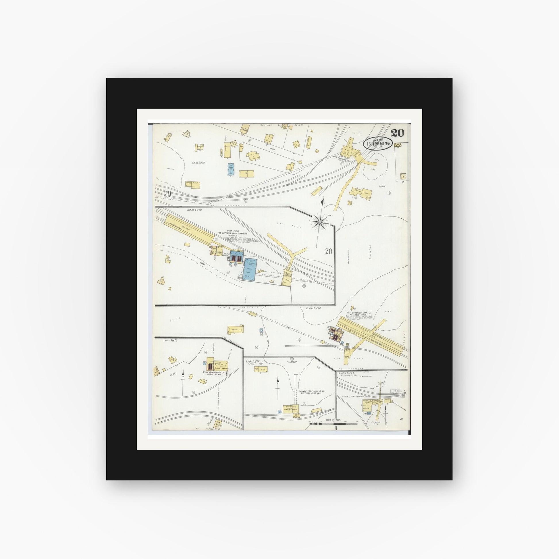 Old map wall art mockup — black gallery frame with white mat — Sanborn Fire Insurance Map from Ishpeming, Marquette County, Michigan (1904), Sheet #0020