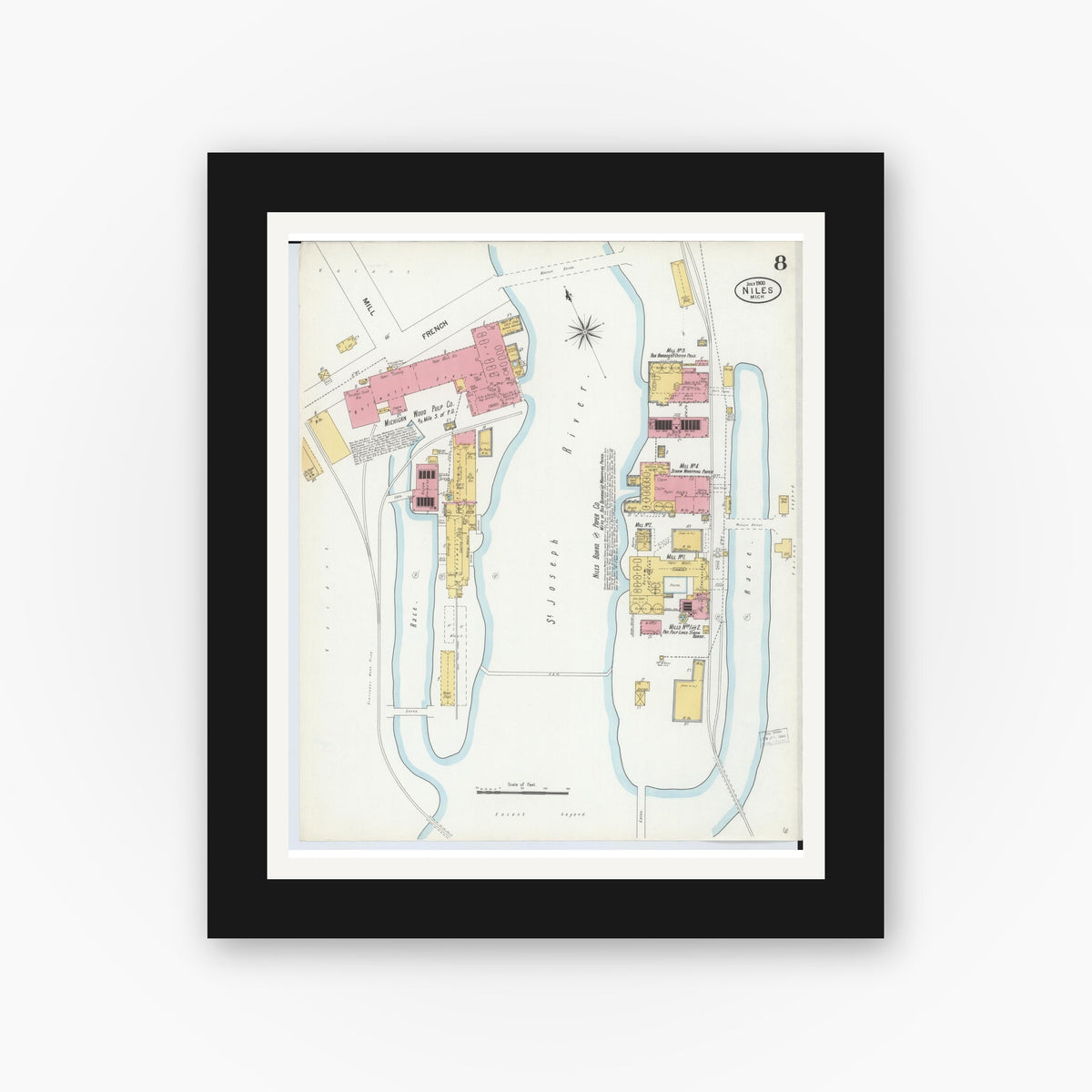 Old map wall art mockup — black gallery frame with white mat — Sanborn Fire Insurance Map from Niles, Berrien County, Michigan (1900), Sheet #0008