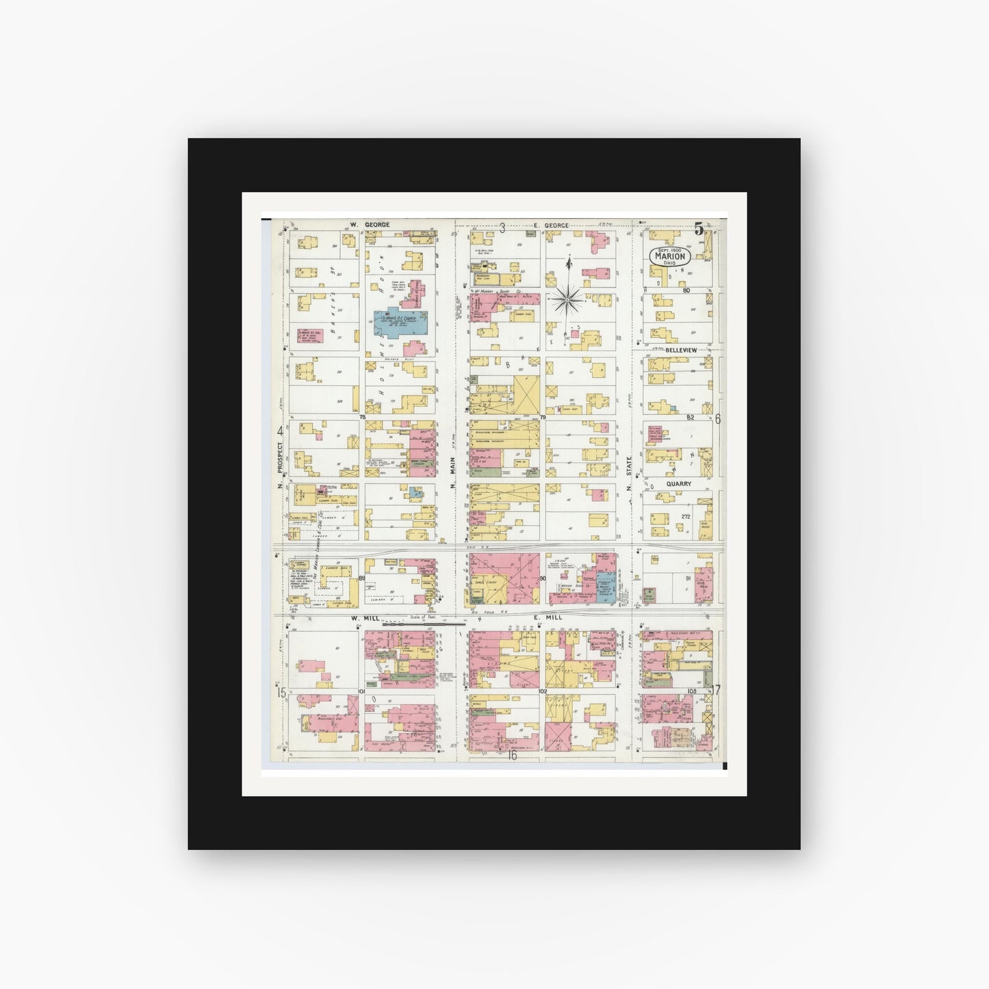 Old map wall art mockup — black gallery frame with white mat — Sanborn Fire Insurance Map from Marion, Marion County, Ohio (1900), Sheet #0005