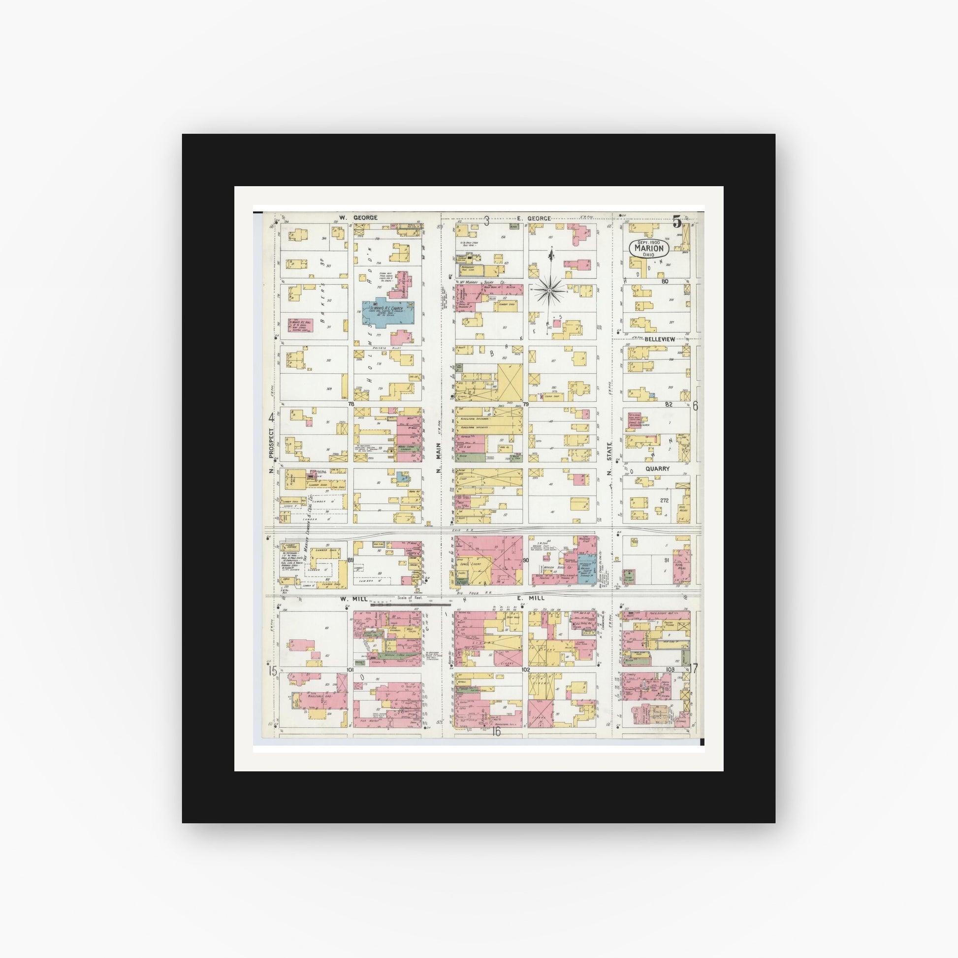Old map wall art mockup — black gallery frame with white mat — Sanborn Fire Insurance Map from Marion, Marion County, Ohio (1900), Sheet #0005