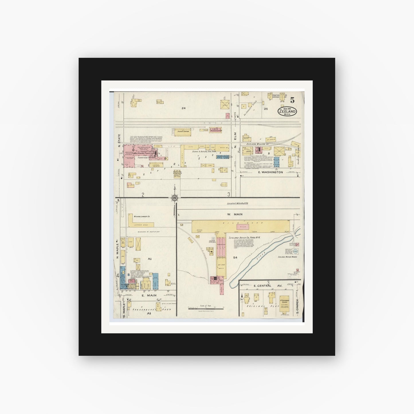 Old map wall art mockup — black gallery frame with white mat — Sanborn Fire Insurance Map from Zeeland, Ottawa County, Michigan (1916), Sheet #0005