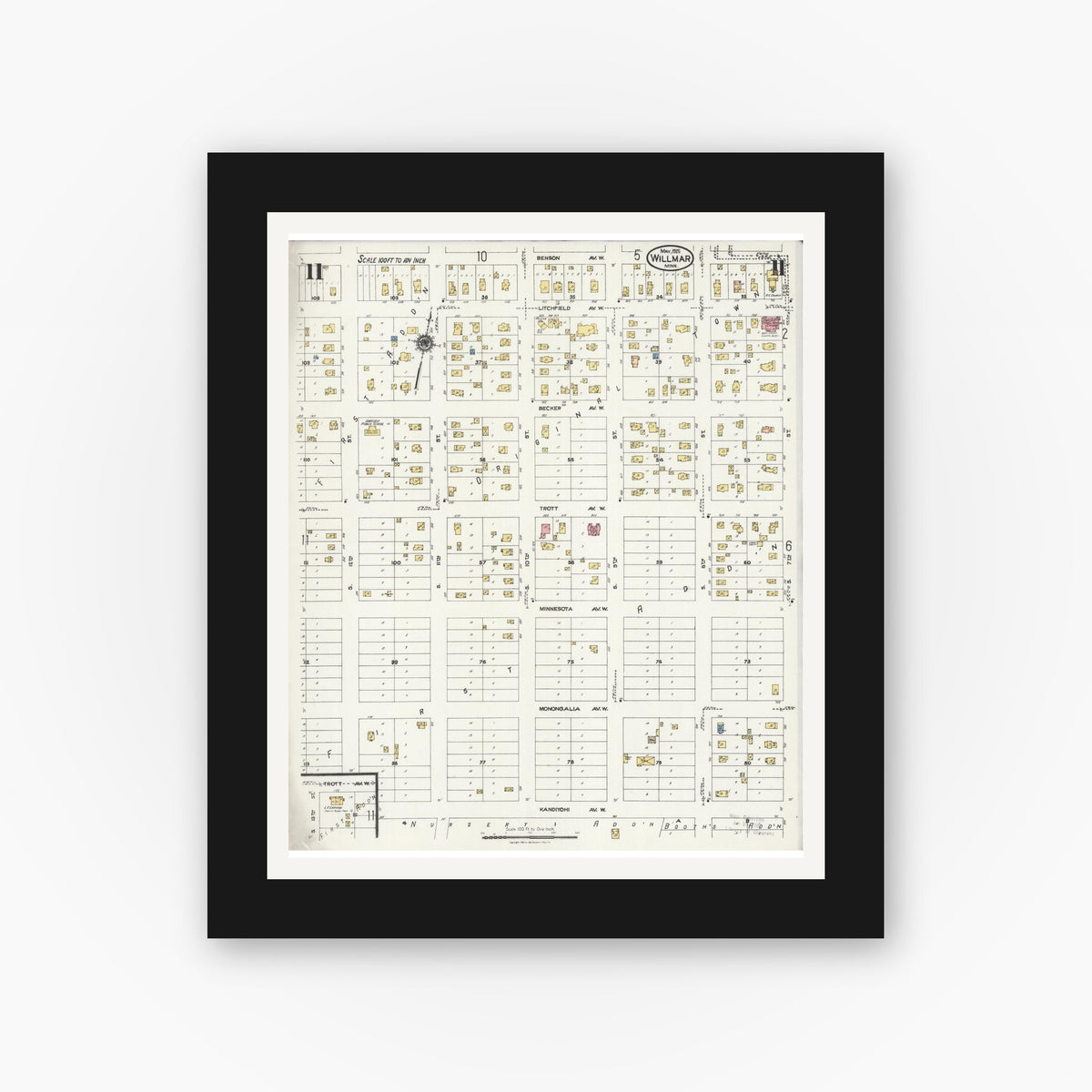 Old map wall art mockup — black gallery frame with white mat — Sanborn Fire Insurance Map from Willmar, Kandiyohi County, Minnesota (1925), Sheet #0011