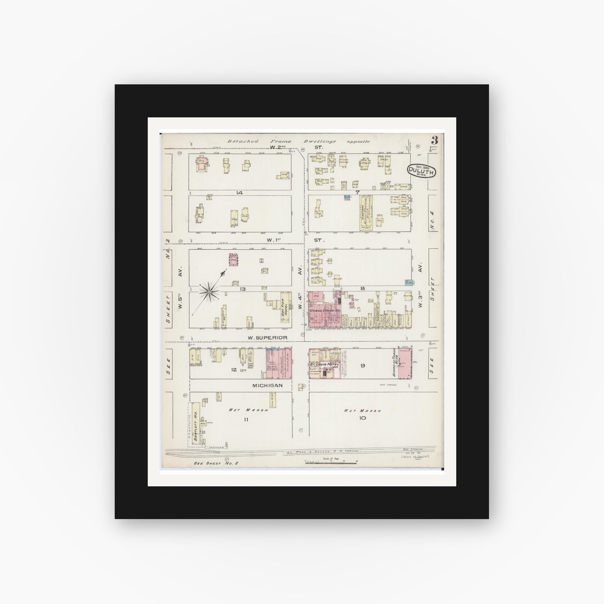 Old map wall art mockup — black gallery frame with white mat — Sanborn Fire Insurance Map from Duluth, Saint Louis County, Minnesota (1885), Sheet #0003
