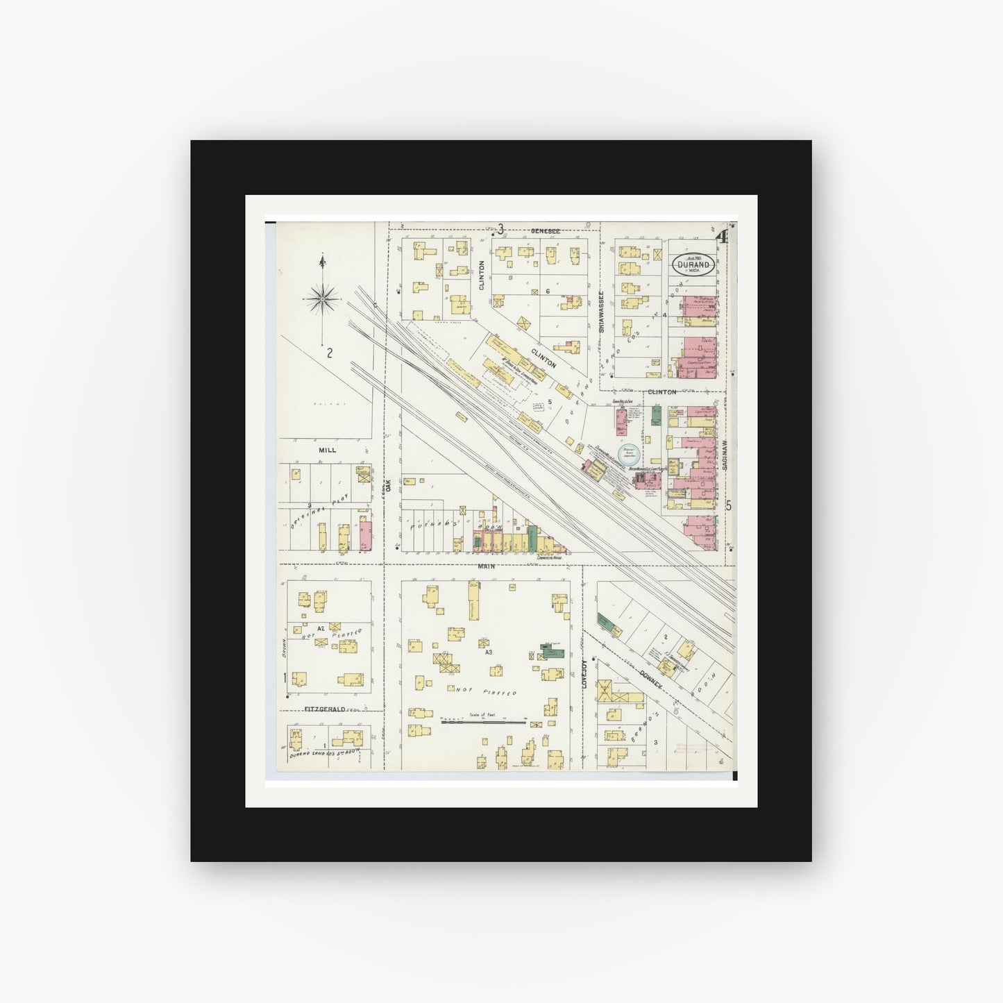 Old map wall art mockup — black gallery frame with white mat — Sanborn Fire Insurance Map from Durand, Shiawassee County, Michigan (1901), Sheet #0004