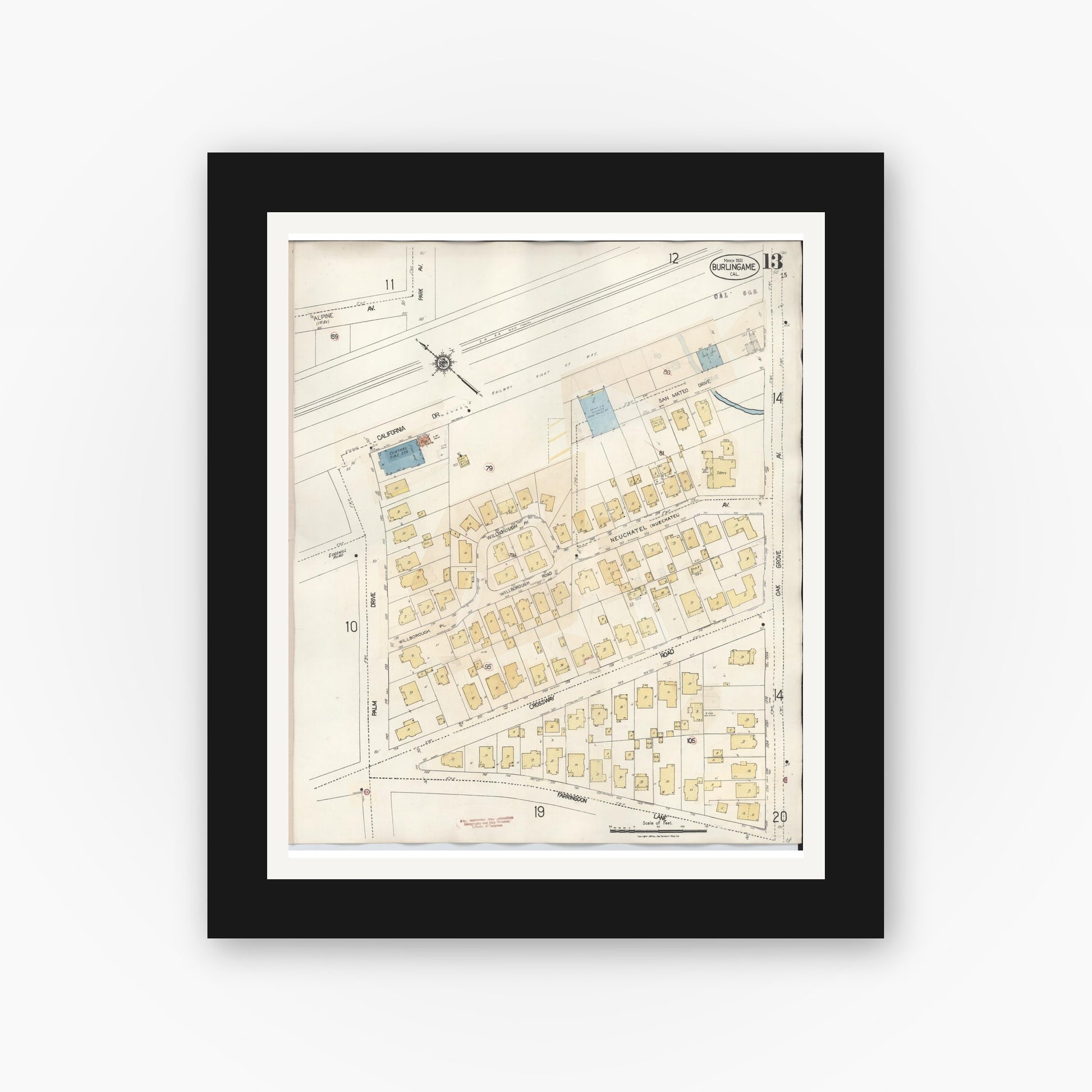 Old map wall art mockup — black gallery frame with white mat — Sanborn Fire Insurance Map from Burlingame, San Mateo County, California (1949), Sheet #0013