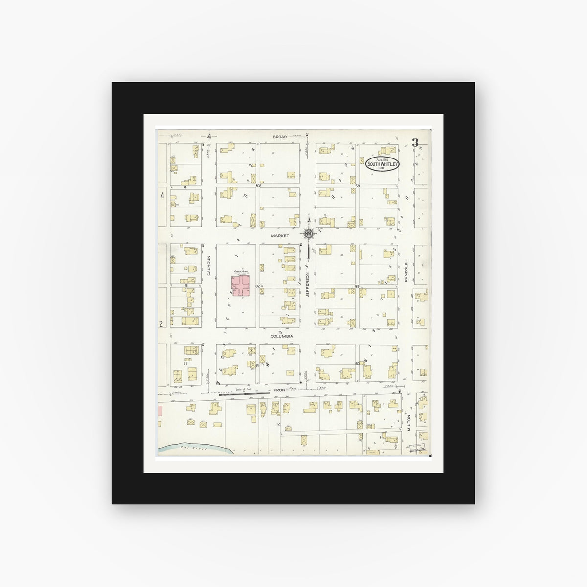 Old map wall art mockup — black gallery frame with white mat — Sanborn Fire Insurance Map from South Whitley, Whitley County, Indiana (1914), Sheet #0003