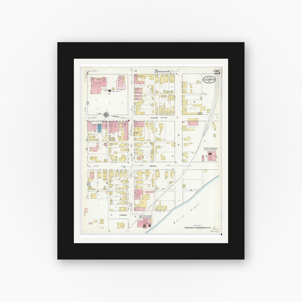 Old map wall art mockup — black gallery frame with white mat — Sanborn Fire Insurance Map from Columbus, Bartholomew County, Indiana (1912), Sheet #0025