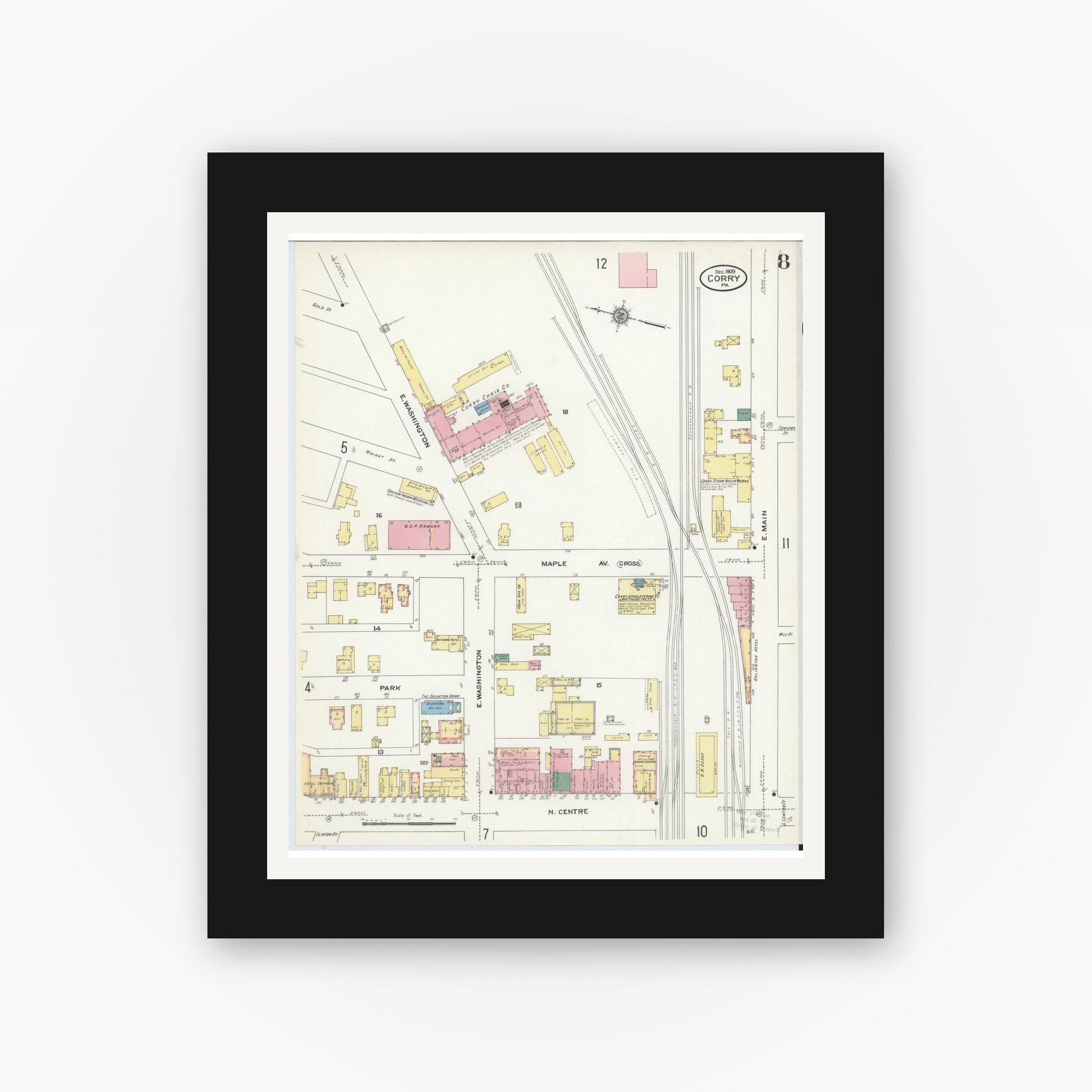 Old map wall art mockup — black gallery frame with white mat — Sanborn Fire Insurance Map from Corry, Erie County, Pennsylvania (1909), Sheet #0008