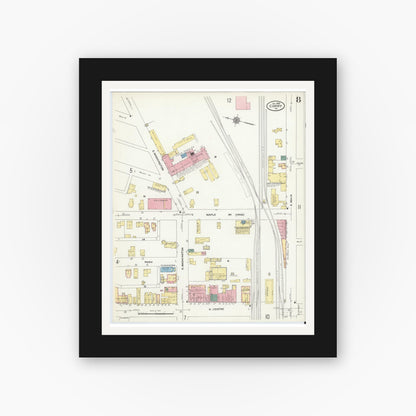 Old map wall art mockup — black gallery frame with white mat — Sanborn Fire Insurance Map from Corry, Erie County, Pennsylvania (1909), Sheet #0008