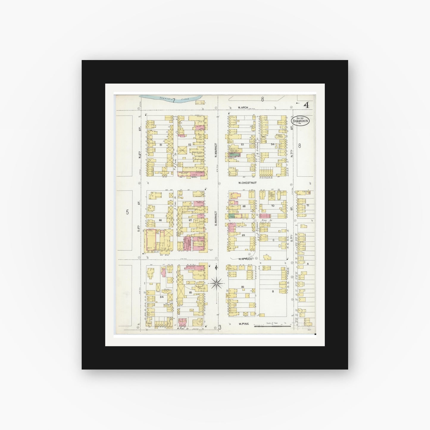 Old map wall art mockup — black gallery frame with white mat — Sanborn Fire Insurance Map from Shamokin, Northumberland County, Pennsylvania (1901), Sheet #0004