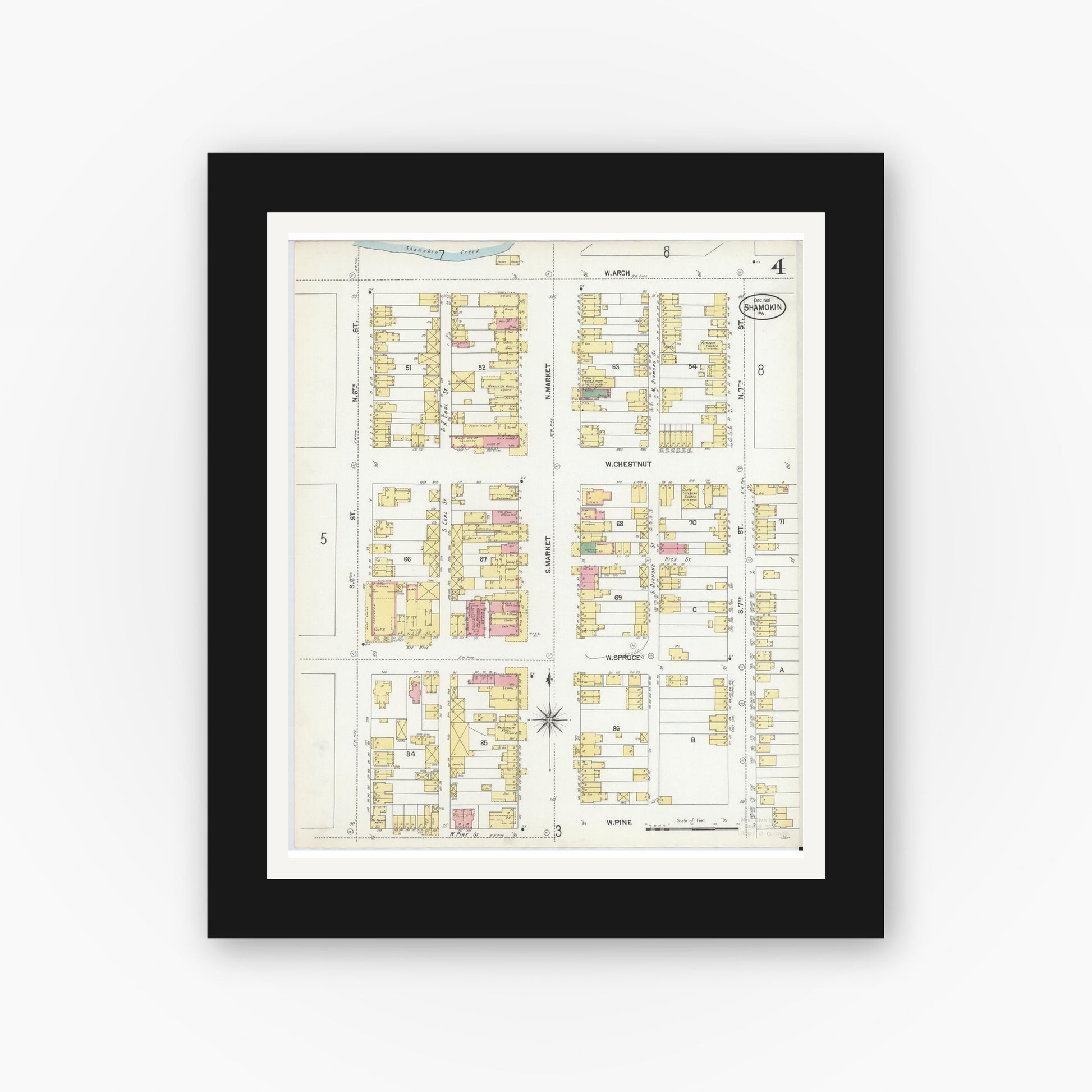 Old map wall art mockup — black gallery frame with white mat — Sanborn Fire Insurance Map from Shamokin, Northumberland County, Pennsylvania (1901), Sheet #0004